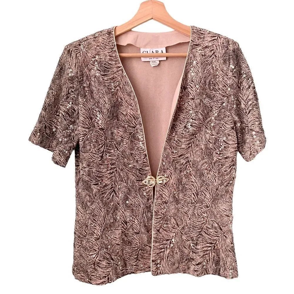 Vintage Clara Made in USA Open Front Sequins Blazer Blouse in Size Large